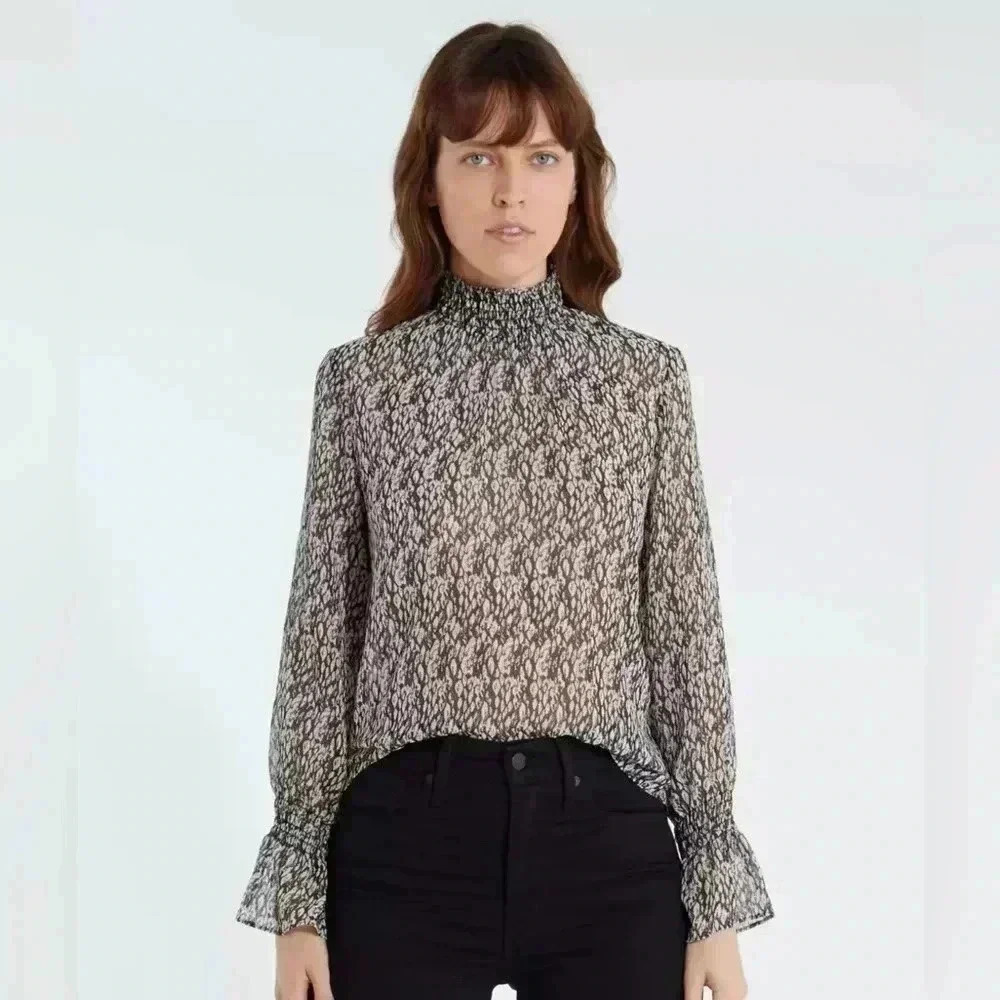 MISA Los Angeles Giana Smock Neck Top In Black White Snake Medium